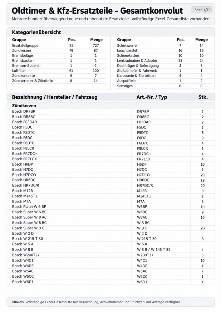 Zündkerzen, Bremsbeläge, Bremsscheiben, Luftfilter, Schneeketten, Lenkradnaben, Scheinwerfer und weitere Erstazteile